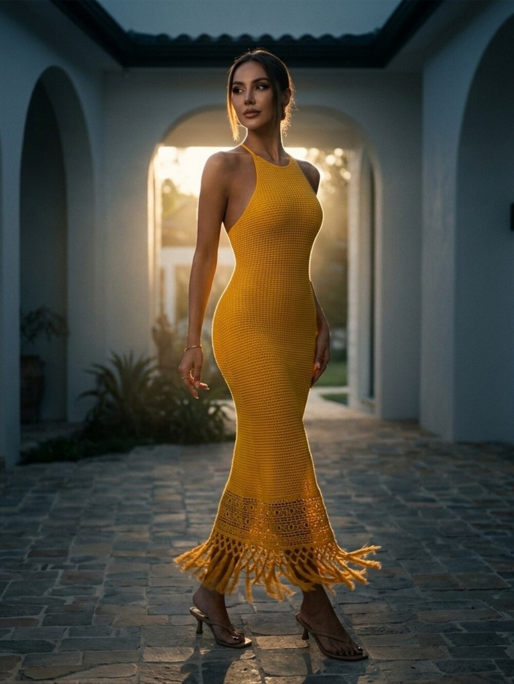 SHEIN Yellow Crochet Fringe Halter Maxi Dress